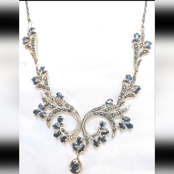 925 Genuine Blue Sapphire 28 Stones Marcasite Victorian Style Necklace 19"X5" - Picture 7 of 13